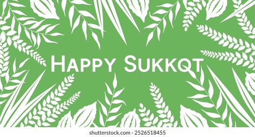 Hermoso fondo floral con texto de saludo, felicitación feliz Sukkot. Anuncio judío de Festiva en colores verde y blanco con arba minim, cuatro especies: etrog y palma, ramas de mirto y sauce.