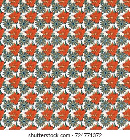 Beautiful floral background in orange, green and gray colors. Can be used for textile, book cover, packaging, wedding invitation. Vector seamless pattern with stylized flowers.