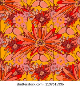 Beautiful floral background in orange, red and pink colors. Can be used for textile, book cover, packaging, wedding invitation. Vector seamless pattern with stylized flowers.
