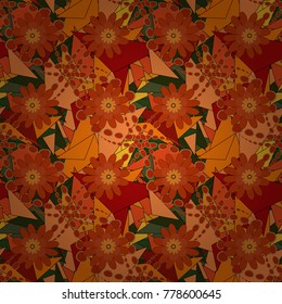 Beautiful floral background in orange, red and green colors. Can be used for textile, book cover, packaging, wedding invitation. Vector seamless pattern with stylized flowers.