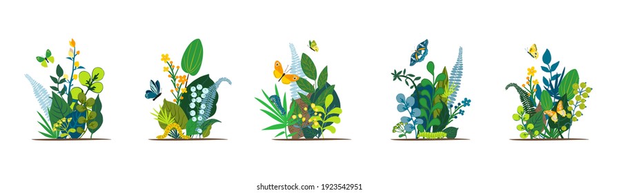 Beautiful floral background, panorama. Bright spring and summer set of leaves, colorful flowers, caterpillars, butterflies. For wedding, kids, greeting card, cover social network. Vector illustration.