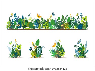 Beautiful floral background, panorama. Bright spring and summer set of leaves, colorful flowers, caterpillars, butterflies. For wedding, kids, greeting card, cover social network. Vector illustration.
