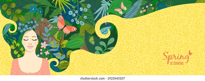 Beautiful floral background, panorama. Concept with lying girl in dream, hair of leaves, colorful flowers, butterflies. For women's day on march 8, cover social network, wedding. Vector illustration.