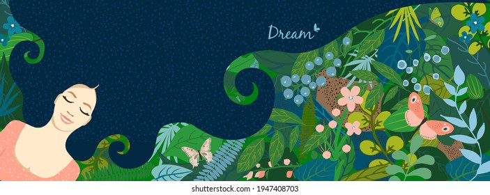 Beautiful floral background, panorama. Concept with lying girl in dream backdrop of leaves, colorful flower, butterflies. For women's day on march 8, cover social network, wedding. Vector illustration