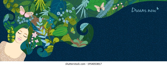 Beautiful floral background, panorama. Concept with lying girl in dream, hair of leaves, colorful flowers, butterflies. For women's day on march 8, cover social network, wedding. Vector illustration.