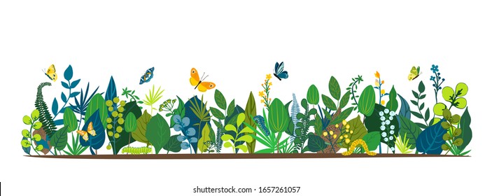 Beautiful floral background, panorama. Leaves, colorful flowers, caterpillars, butterflies. Bright spring and summer set for cover social network, banner, invitation, wedding. Vector illustration.