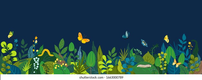 Beautiful floral background, panorama. Leaves, colorful flowers, caterpillars, butterflies. Bright spring and summer banner for cover social network, invitation, wedding, holiday. Vector illustration.