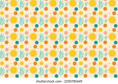 Beautiful floral background pattern vector with lemon and flowers. Seamless flower pattern decoration on a cream color background. Pattern texture for wrapping paper, bed sheets, and book covers.