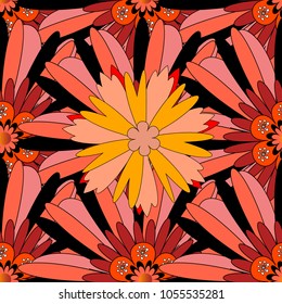 Beautiful floral background in pink, orange and black colors. Can be used for textile, book cover, packaging, wedding invitation. Vector seamless pattern with stylized flowers.
