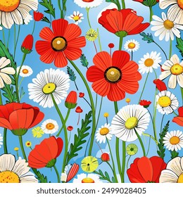 beautiful floral background of poppies and daisies