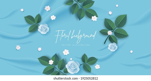 Beautiful floral background with realistic flowers and leaves. Vector illustration
