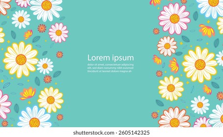 A beautiful floral background with a side border of hand-drawn pastel flowers. A calm, textured vector template on a teal backdrop for a wedding invitation, greeting card, or presentation slide.
