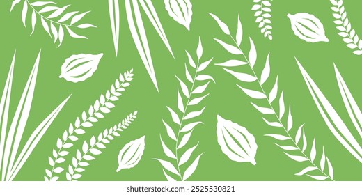 Beautiful floral background for Sukkot, Feast of Tabernacles and of Harvest. Jewish Holiday Banner in Green and White colors with arba minim, four species: etrog and palm, myrtle and willow branches.