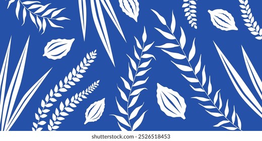 Schöner floraler Hintergrund für Sukkot, Fest der Tabernacles und der Ernte. Jüdisches Feiertagsbanner in den Farben Blau und Weiß mit mindestens einem Banner, vier Arten: Etrog und Palme, Myrte und Weidenzweige.