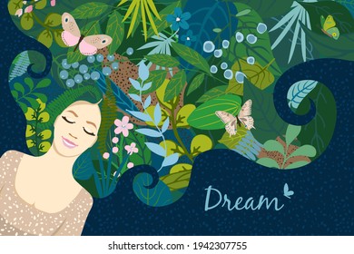 Beautiful floral background. Summer concept with lying girl in dream, hair of leaves, colorful flowers, butterflies. For women's day on march 8, cover social network, wedding. Vector illustration.