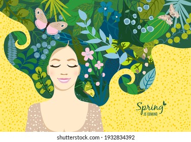 Beautiful floral background. Summer and spring concept with girl in dream, hair of leaves, colorful flower, butterflies. For women's day on march 8, cover social network, wedding. Vector illustration.