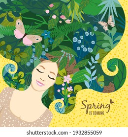 Beautiful floral background. Summer and spring concept with girl in dream, hair of leaves, colorful flower, butterflies. For women's day on march 8, cover social network, wedding. Vector illustration.