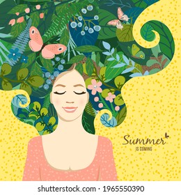 Beautiful floral background. Summer and spring concept with girl in dream, hair of leaves, colorful flower, butterflies. For women's day on march 8, cover social network, wedding. Vector illustration.