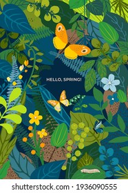 Beautiful floral background with text Hello Spring, leaves, colorful flowers, caterpillar, butterflies. Summer concept for wedding, kids, greeting card, cover social network. Vector illustration