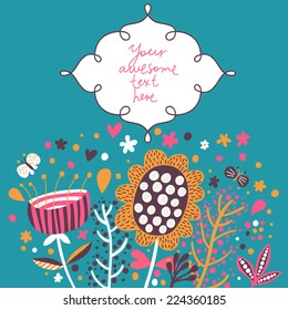 Beautiful floral background in vector. Cartoon butterflies and flowers - cute summer card