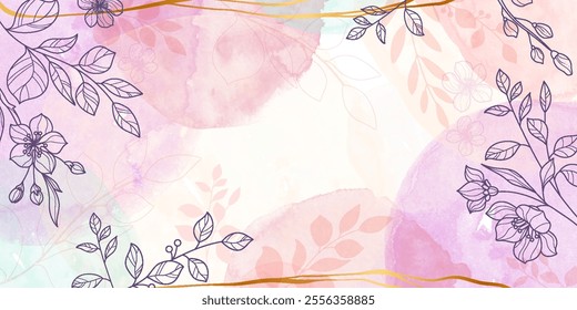Plano de fundo floral bonito com respingos de aquarela e gotas em cores pastel. Elegante design de folhagem abstrata com textura de aquarela pintada à mão