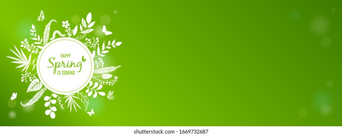 Beautiful floral banner, round with text Happy Spring is coming. White silhouettes of leaves, flowers, caterpillar, butterflies. Background for cover social network, banner, card. Vector illustration