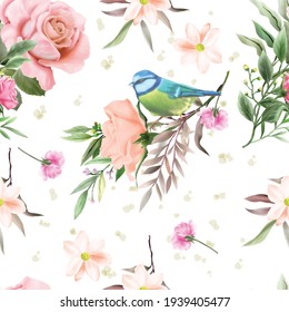 beautiful floral and bird seamless pattern