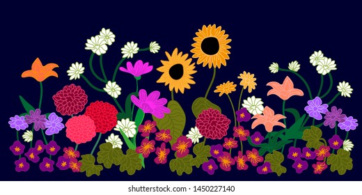 Beautiful floral border. Colorful sunflowers, asters, chamomiles, lilies and other garden flowers on dark background. Template for cards, covers and textile design.