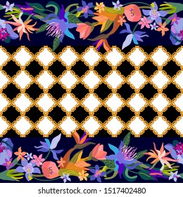 Beautiful floral border. Seamless vector pattern with blooming flowers, golden chains and chess board background. Vintage textile collection. Template for scarves, dresses, cards, covers.