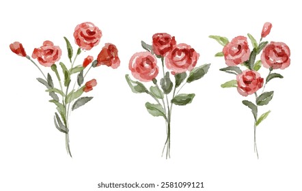 Beautiful floral bouquet of red flowers watercolor set