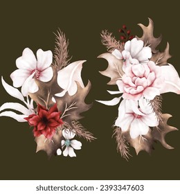beautiful floral bouquet with roses and dried leaves