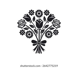 A beautiful floral bouquet silhouette, featuring roses and daisies tied with a ribbon.  The distinctive style is a simple, elegant black and white silhouette, perfect for invitations or design project
