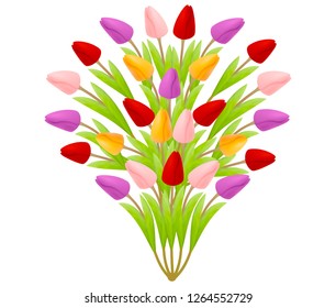 Beautiful floral bouquet of tulips in the form of a tree of flowers, bright colorful multicolored isolated on a white background. Suitable for registration of a greeting card from March 8. Vector