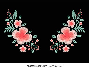 Beautiful floral branch embroidery neckline design, pink Sakura flowers with sweet colors stitches. Stock Vector
