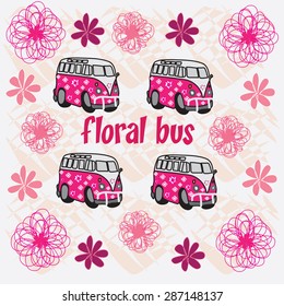 beautiful floral bus with flowers and curls vector illustration