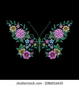 Beautiful floral butterfly. Pretty gardening flowers, shirt embroidery. Clothing print design. Fashion wildflower bouquet, nowaday metamorphosis vector concept