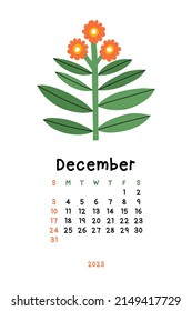 Beautiful Floral Calendar - December 2023. Botanical printable Vector template. Monthly calendar with hand drawn Flower.
