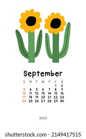 Beautiful Floral Calendar - September 2023. Botanical printable Vector template. Monthly calendar with hand drawn Flower.