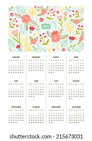 Beautiful floral calendar for year 2015. Week starts on Sunday. 