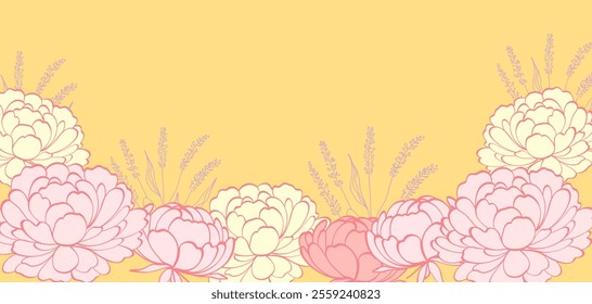 Beautiful floral card, vector illustration. Botanical line bakground with flowers and lavender. Floral foliage for wedding invitation, wall art or card template. Pink peonies on a yellow background.