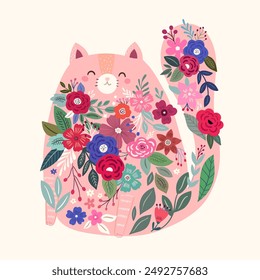 Beautiful floral cat. Cat and flowers. Beautiful illustration with roses, cat and leaves. Notebook cover