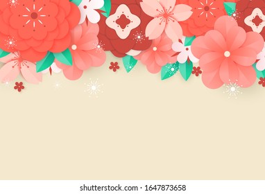 Beautiful floral and cherry blossoms paper art background with vector illustration. exotic floral design for banner, invitation, web site, card, poster.