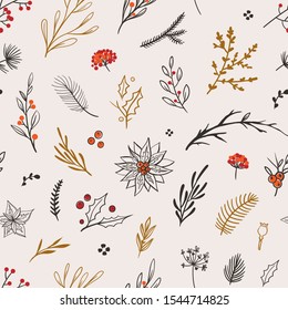 Beautiful floral Christmas Pattern. Vector seamless pattern with flowers, leaves and berries. Winter decorations.