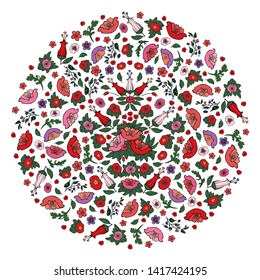 Beautiful floral circle filled with contour pink and red poppies and tulips on the transparent background.