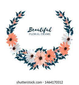 Beautiful floral circle frame with beige and white flower bouquet isolated white background