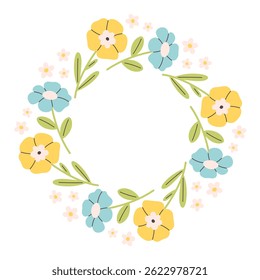 Beautiful floral circle frame. Cute hand drawn spring amd summer flower round frame in doodle style. Circular template. Vector illustration in flat style