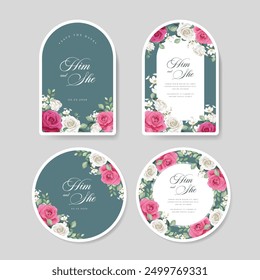 Beautiful floral collection label with rose flower and leaves