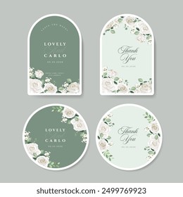 Beautiful floral collection label with rose flower and leaves