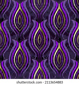Beautiful floral colorful seamless pattern. Striped ornamental textured vector background. Repeat stripes and dotted lines backdrop. Wave lines and abstract flowers ornaments in gold violet colors.