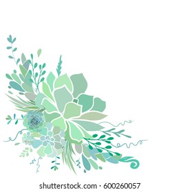 Beautiful floral corner frame with succulents isolated on white. Vector illustration.